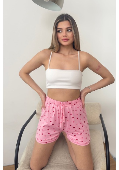 Giysa Kadın Beli Lastikli Kalp Desenli Pijama Altı Şort Pembe - 26y 2602