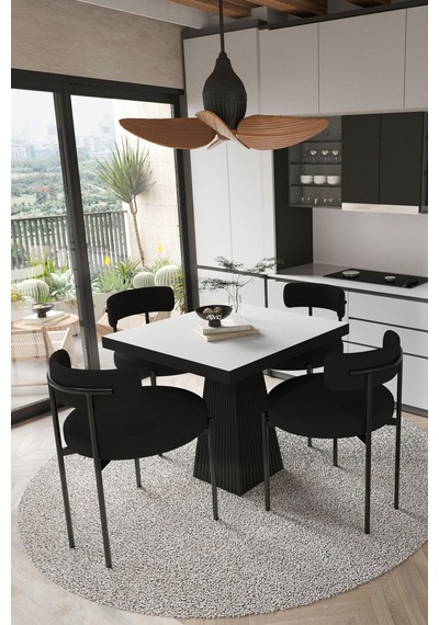 Avvio Lago Siyah Lake Mdf Ayak 80x80 Yemek Masası Mutfak Masası 4 Kişilik Masa Takımı Teddy Sandalye Beyaz Avvio89697