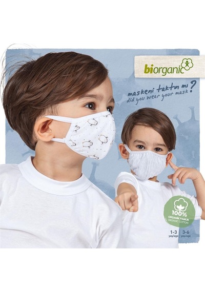 Lindobaby Bibaby Organik Maske 2Li Penguen Beyaz - Kar Melanj Beyaz