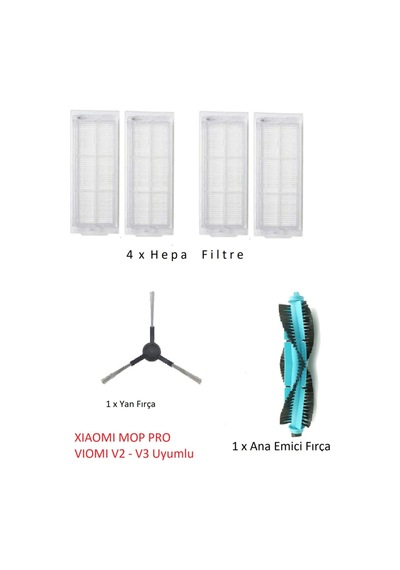 Srfn Ticaret Xıaomı Mop Pro - Viomi V2 V3 Uyumlu Hepa Filtre - Emici Ana Fırça - Yan Fırça