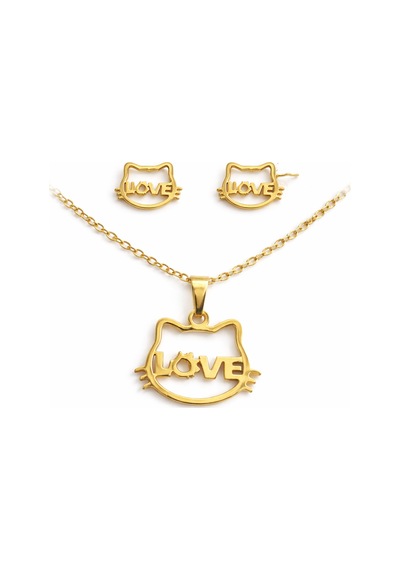 Paslanmaz Çelik Altın Renk Kedi Figürlü Love Yazılı Kolye Küpe Seti Altın - Gümüş