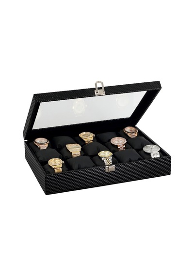 Chavin 15 Li Diamond Siyah Deri Ahşap Camlı Saat Kutusu St15-24