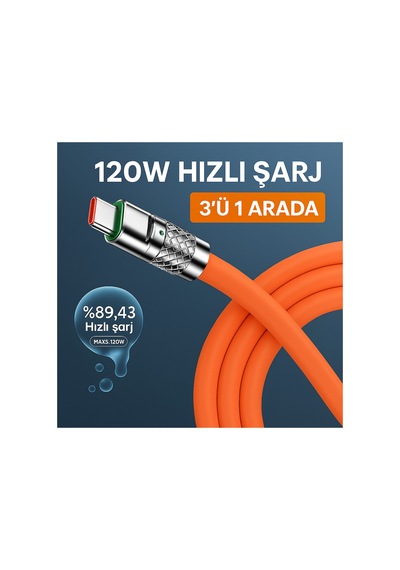 3'ü 1 Arada 120w Hızlı Şarj Kablosu Micro Usb, Type-c Ve Lightning Uyumlu Samsung, Apple iPhone Turuncu - 736617527