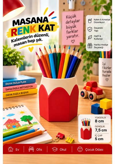 Kalemlik Renkli Kurşun Kalem Tasarımlı, 3d Baskı Kırmızı