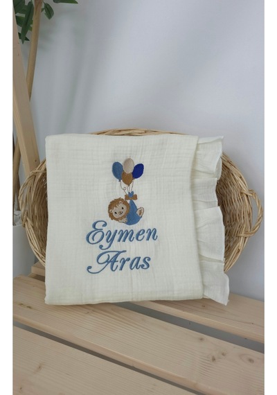 Gros Shop Müslin Yeni Doğan 4katlı Organik %100pamuk Kişiye Özgü Nakışlı Hastane Çıkış Seti Balonlu Aslan-3 Ekru