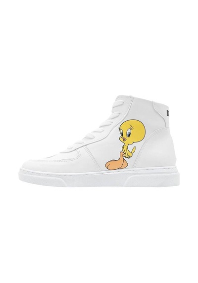 Kadın Vegan Deri Beyaz High Sneakers - Warner Bros Tweety Classic Tasarım Çok Renkli