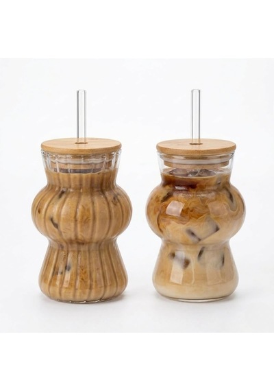 İkili Cam Soğuk Kahve Bardağı 2 Li Set Bambu Kapaklı Ve Cam Pipetli, 350 Ml Estetik Tasarım, Iced Coffee & Smoothie Bardağı 13 Cm Aeropress