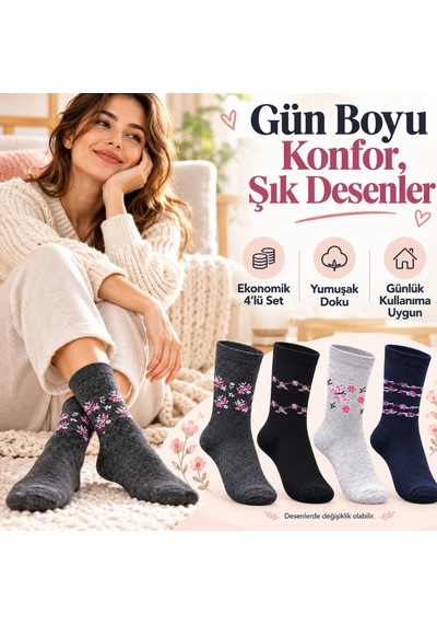 Genel Kadın Ekonomik Soket Çorap 4'lü Seti Çiçek Desenli Bayan Günlük Çora Çok Renkli / 36-40 / 4 Adet Çok  Renkli