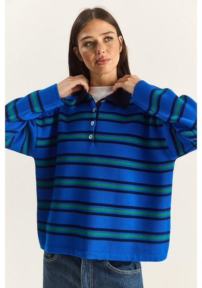 Shade Polo Yaka Çizgili Basic Triko Kazak 20258061 - Saks