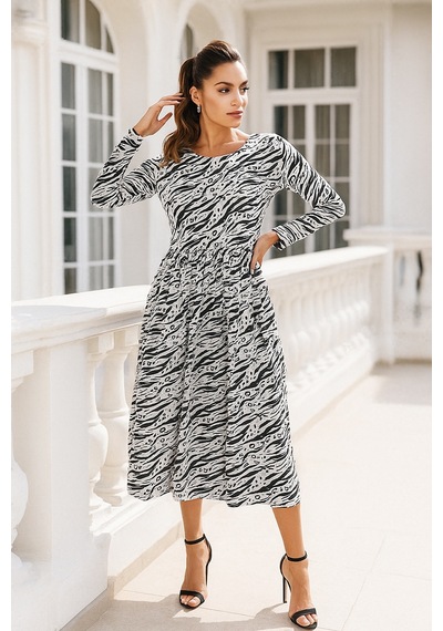 Rich Desenli Uzun Kollu Midi Elbise Modern Zebra Tarzı Desenli