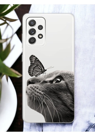 Samsung Uyumlu A53 Kelebek Kedi Tasarımlı Şeffaf Telefon Kılıfı Çok Renkli