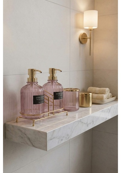 Buççin Online Mağaza Pembe 2'li Cam Sabunluk/deterjanlık, 500 Ml, Altın Renk Metal Stantlı, 21,5x9x23 Cm Cam Pembe Çok Renkli