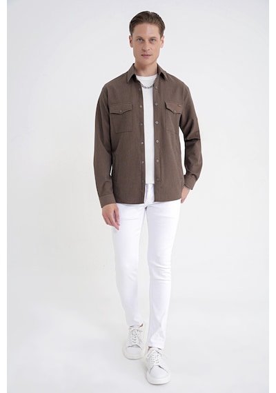 Comfort Fit Yan Cepli Esnek İnce Çizgili Camel Gömlek Ceket G 1608