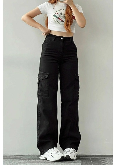 Lavajeans Dora Kadın Siyah Solmaz Likralı Arka Cepsiz Model Kargo Lavajeans Pantolon Siyah P1 Siyah