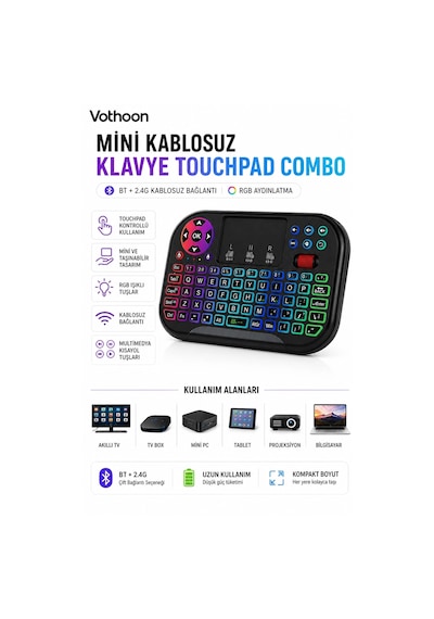 Rgb Işıklı Mini Kablosuz Klavye Touchpad Combo, Bluetooth Ve 2.4g Smart Tv Kumandası Çok Renkli
