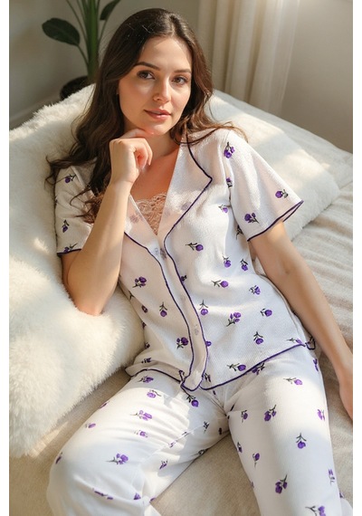 Bella Notte Romantik Pamuklu Lale Desenli Dantel Detaylı Yazlık Pijama Takımı Mor