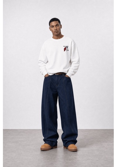 Respire Erkek Members Only Baskılı Oversize Sweatshirt Ekru