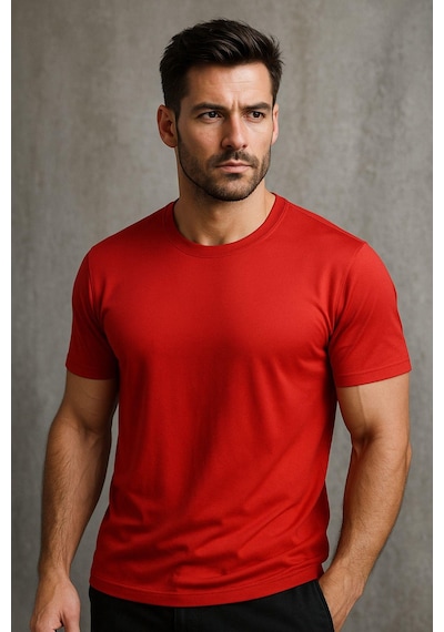 Rich Erkek %100 Pamuk Slim Fit Sporcu Tişört Basic Bisiklet Yaka Kısa Kollu T-shirt Kirmizi
