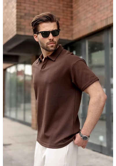 Madmext Acı Kahverengi Polo Yaka Oversize Erkek Tişört E7185
