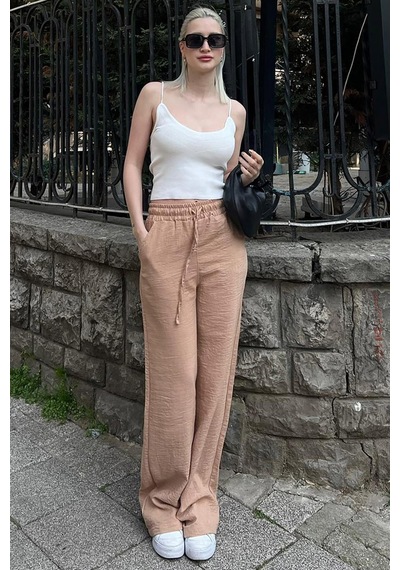 Madmext Camel Beli Büzgülü Bol Paça Kadın Pantolon Mg2011-camel Camel