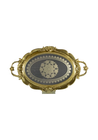 Polyester Desenli Oval Epoksi Cam Tepsi - Gold Gold