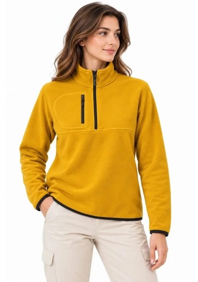 Butik İstanbul Polar Dik Yaka Yarım Fermuarlı Fermuarlı Göğüs Cepli Regular Fit Kışlık Sweatshirt - Hardal Sarısı
