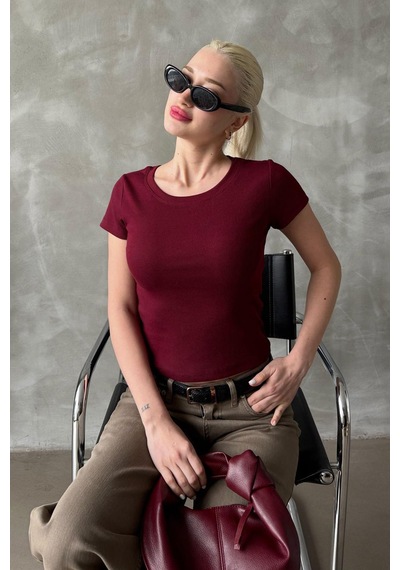 Bordo Geniş Yaka Fittili Basic Kadın T-shirt Mg2293 Bordo