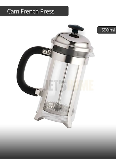 Cam French Press Kahve Demleme Paslanmaz İç Yapı İnox 350 Ml Metalik Gri