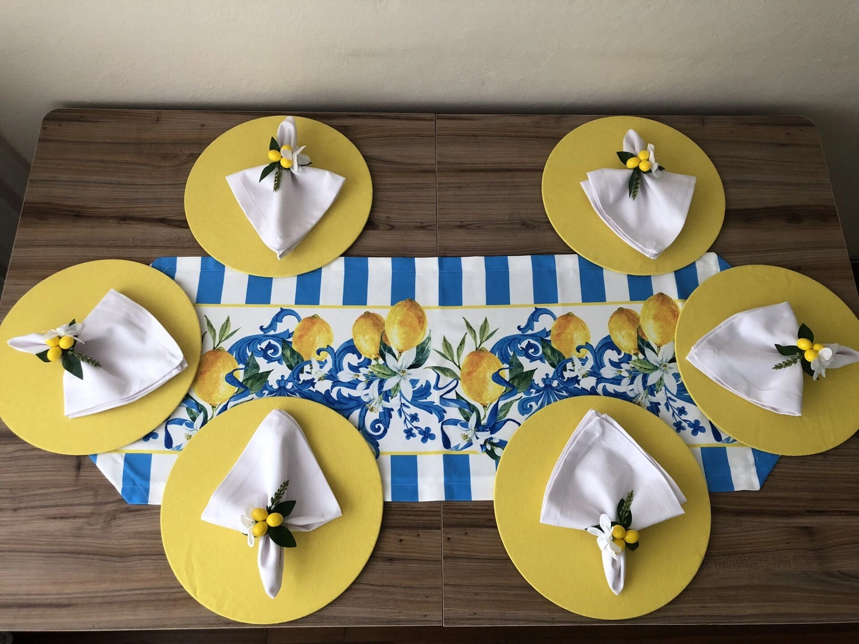 Sofra Sunum Seti Mavi Çizgili Limon Desenli Takım Çok Renkli