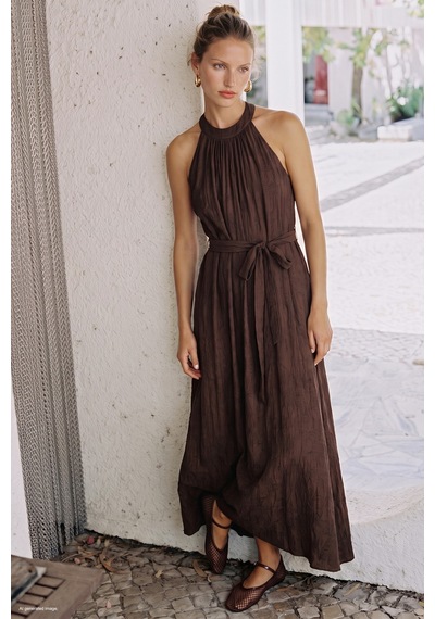 Sateen Kuşaklı Elbise - Kahve-137740
