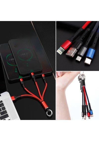 Bucuks Işıklı Anahtarlık Model 3 İn 1 Usb Çıkışlı Mikro,type-c Ve İphone Uyumlu Şarj Kablosu Renkli