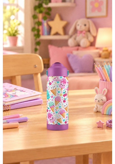 Puccon 540 Ml Renkli Dondurma Desenli Pembe Kız Çocuk Pipetli Çelik Termos Matara/suluk - 60049