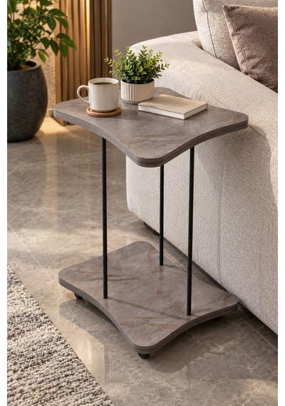 Sulorahome Yan Sehpa - Tekerlekli Metal Ayaklı Servis Sehpası Gri Mermer