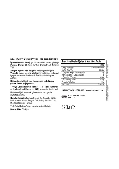 Protein İçeren Fıstık Ezmesi Sade 320 Gr