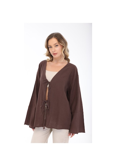 Blayn Jeans Blayn Kadın Keten Kimono Oversize Rahat Kalıp Yazlık Uzun Kollu Kimono Kahverengi