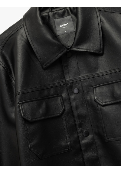 Koton Klasik Yaka Kapaklı Cep Detaylı Uzun Kollu Slim Fit Suni Deri Ceket Siyah 6wam20100hw Siyah