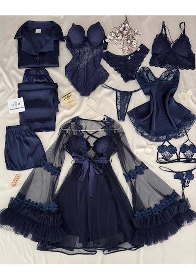 Mh Moony Homewears Lüx Kutulu Lamborfi 12 Parça Lacivert Saten Gecelik Tül Sabahlık Pijama Iç Giyim Çeyiz Seti Perfecto Lacivert