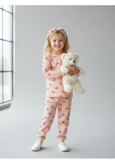 Kız Çocuk Pamuklu Fiyonklu Pijama Takımı-16829 Pudra