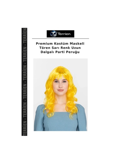 Premium Kostüm Maskeli Tören Sarı Renk Uzun Dalgalı Parti Peruğu
