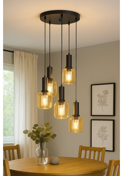 Tanem Modern Tasarım Salon Mutfak Cafe Siyah Renk Bal Camlı Sarkıt 5 Li Avize Siyah Bal Siyah Bal