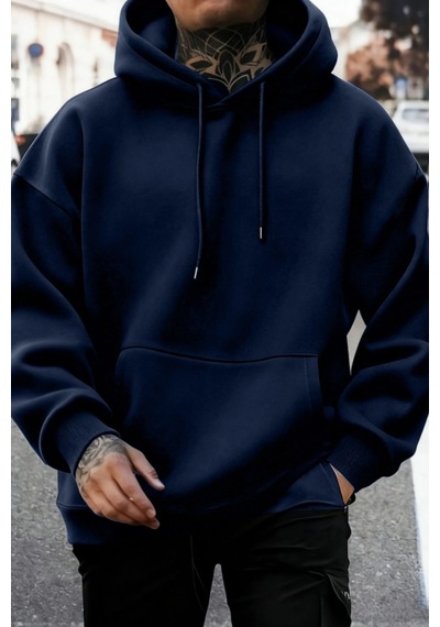 Tarz Cool Regular Kapüşonlu Sweatshirt Erkek Unisex 3 İplik Şardonlu %100 Pamuk Basic Hoodie Lacivert