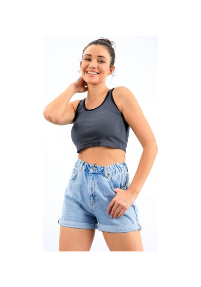 Tommy Life Lacivert Melanj Basic Sıfır Kol Dar Kalıp U Yaka Kadın Crop Top Atlet - 97162 Lacivert