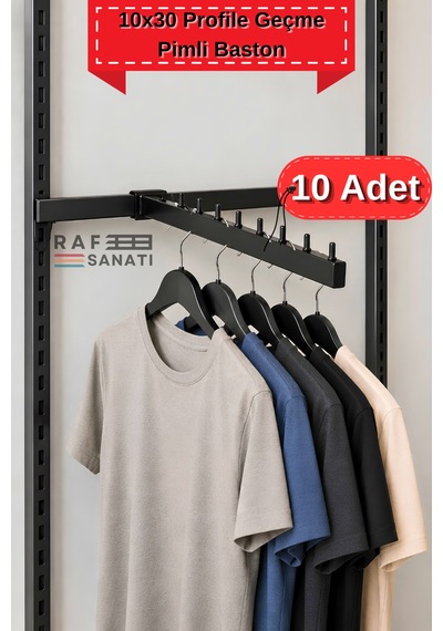 10 Adet - Pimli Baston Ab-1 Uyumu - 10x30 Profile Geçme - Pimli Baston Askılık 35 Cm Mağaza Raf Askılık Aparatı Siyah