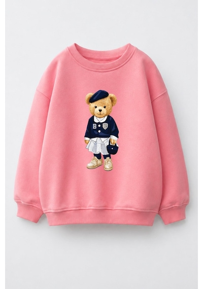 Monila Kız Çocuk 3 İplik Kumaş Pamuklu Ayıcık Baskılı Sweatshirt Pembe