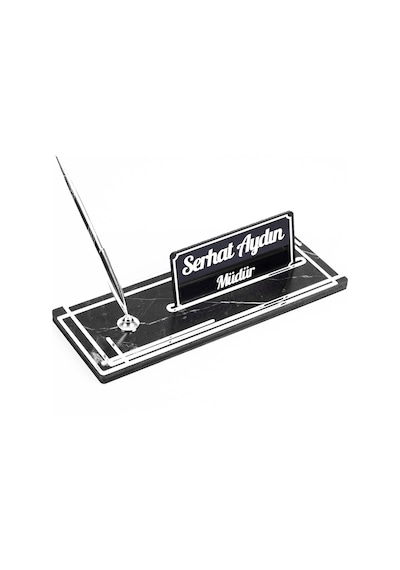 Space Gümüş Kalemli Ahşap Masa İsimliği Mermer Desenli Hediye Ofis Dekoratif Masa Üstü İsimlik