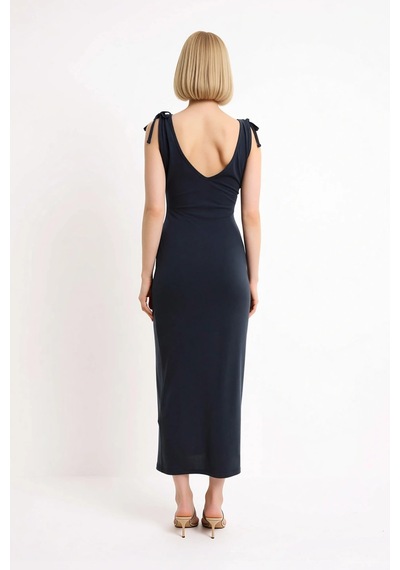 Benerly Kadın Kolsuz V Yaka Bodycon Maxi Elbise Modal Kumaş Bağlama Detay Antrasit