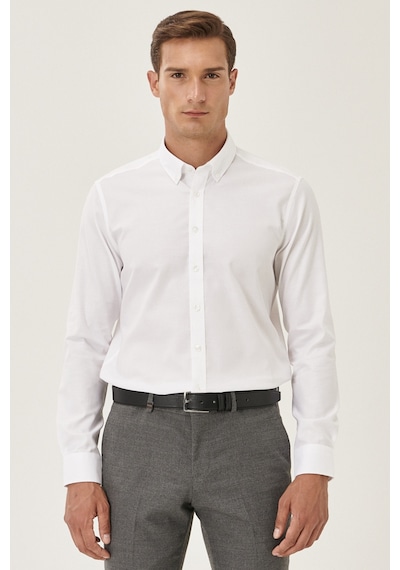Ac&Co / Altınyıldız Classics Erkek Beyaz Ütü Gerektirmeyen Taılored Slim Fit Dar Kesim Düğmeli Yaka %100 Pamuk Gömlek Beyaz