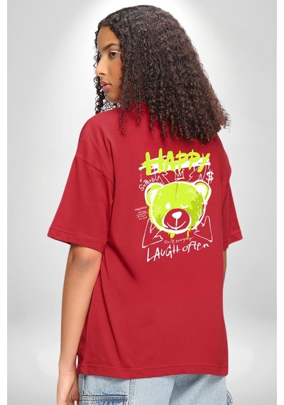 Sık Sık Mutlu Gülmek Teddy Bear Kırmızı Oversize Unisex Ön Ve Sırt Baskılı Tişört Kırmızı