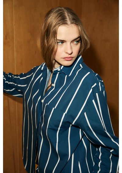 Grımelange Mırel Kadın Oversize Fit %100 Organik Pamuklu Lacivert-çizgili Gömlek
