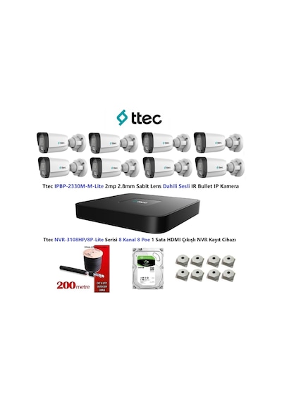 Ttec 2mp Mikrofonlu 8 Kameralı 500gb Disk Tak Çalıştır Hazır Ip Kamera Seti